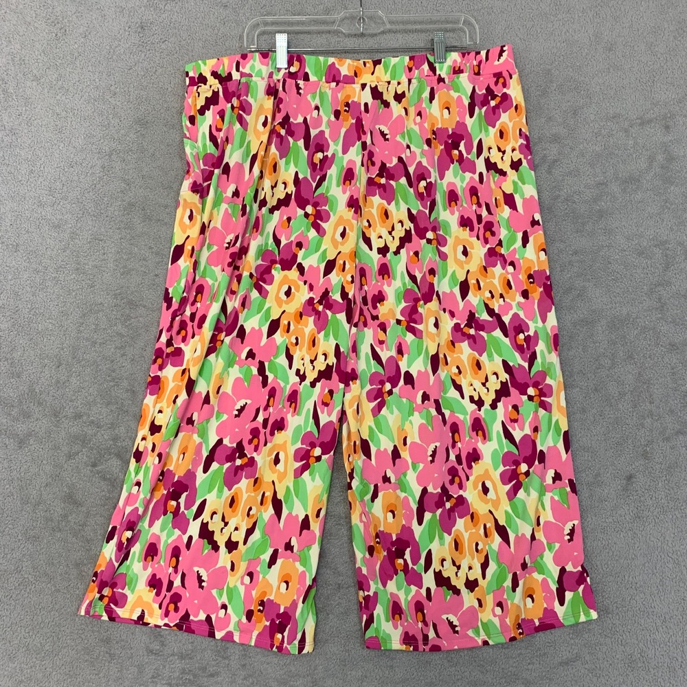 Quacker Factory Floral Pants Women's 1X Multi-Color Crop Wide Leg Casual - Picture 2 of 10